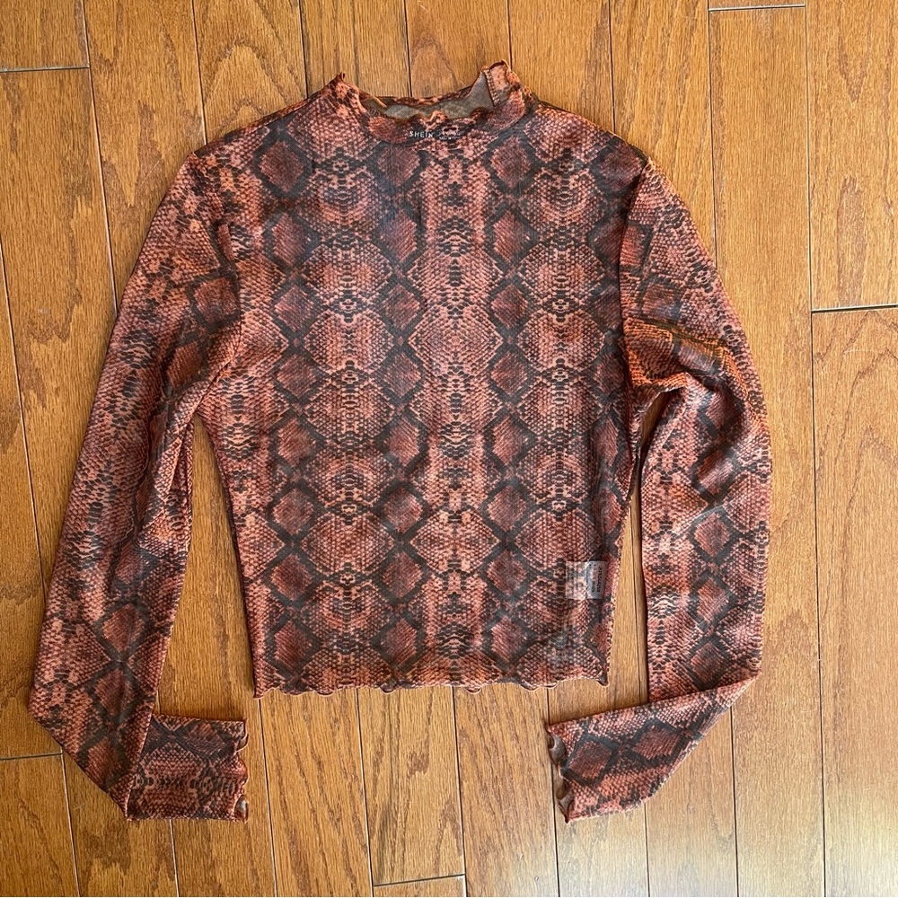 SHEIN Brown Snake Print Sheer Long Sleeve Top Size Medium